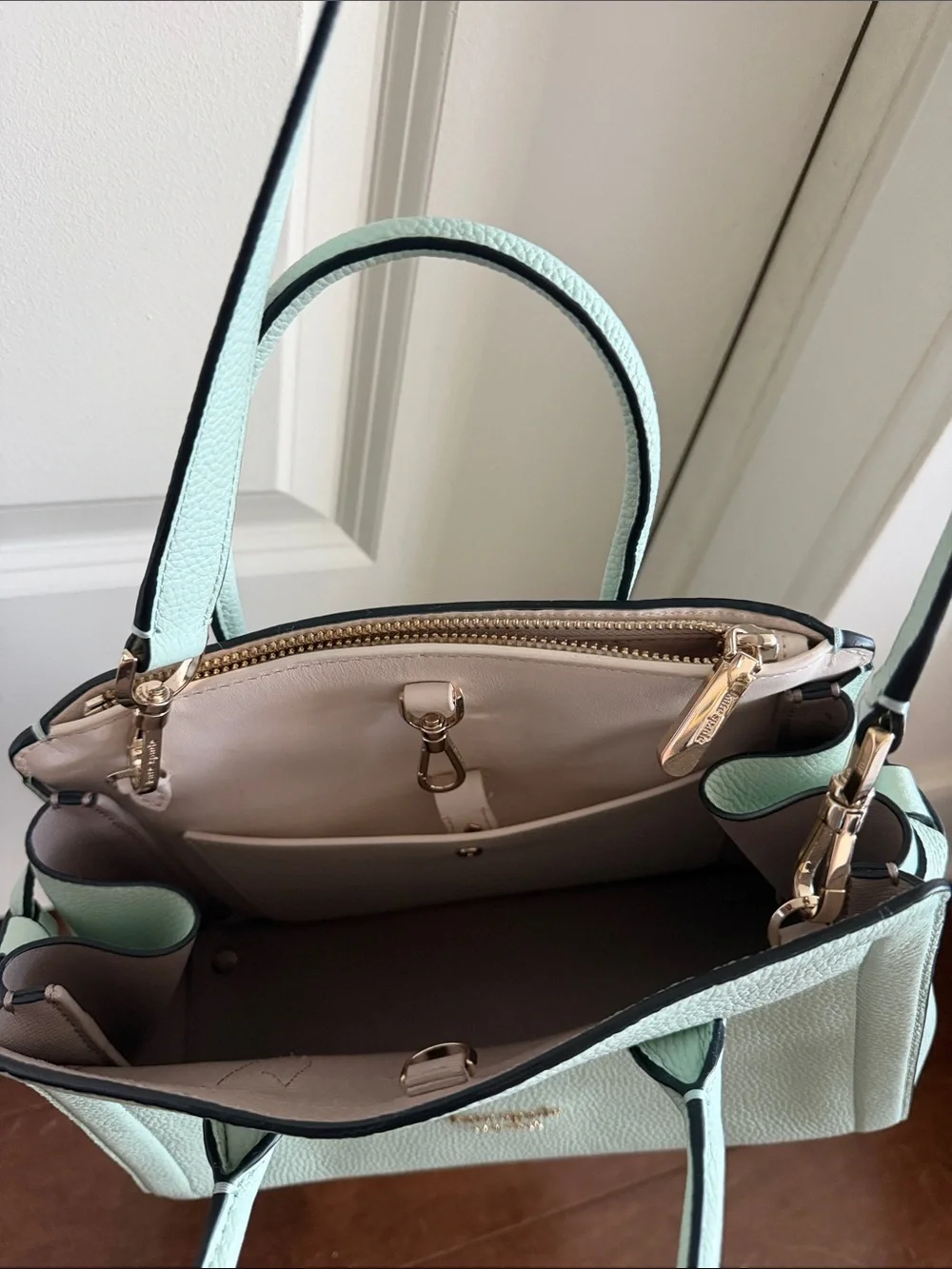 kate spade mint green pebbled leather satchel with gold hardware